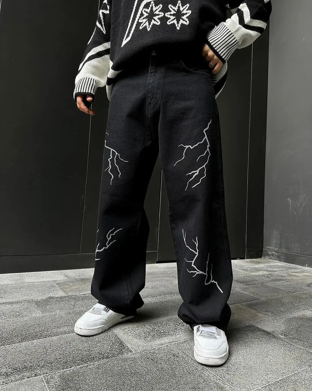 Harajuku fashion mens women’s jeans lightning graphic wide leg jean streetwear y2k denim cuples high waist pants men clothing Street King Limited