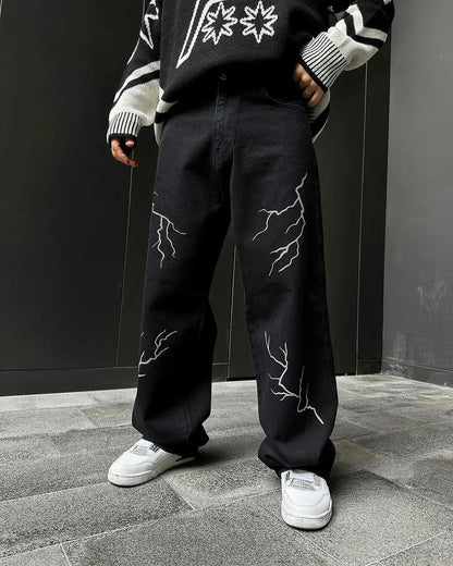 Harajuku fashion mens women’s jeans lightning graphic wide leg jean streetwear y2k denim cuples high waist pants men clothing Street King Limited