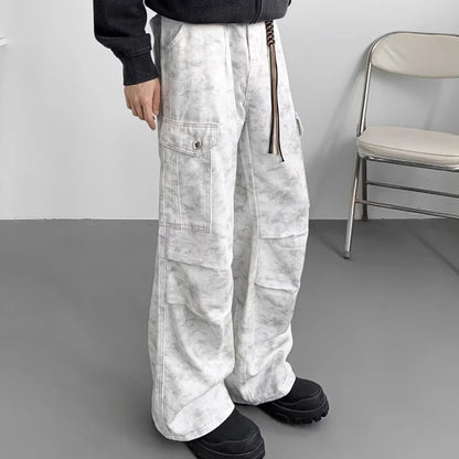 American Tie Dye Cargo Pants Mens Autumn Vintage High Street Straight Leg Trousers Casual Multi Pocket Loose Overalls Male Street King Limited