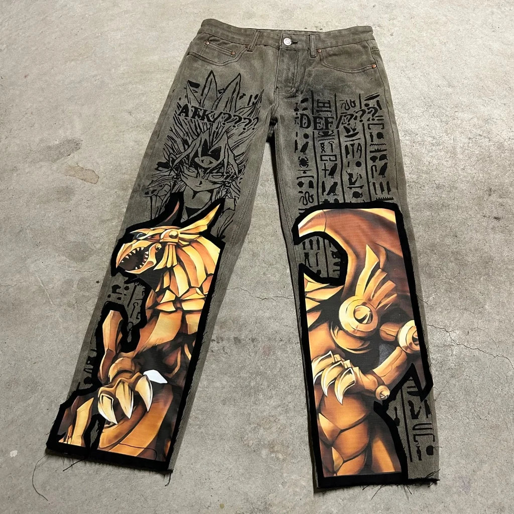 harajuku slifer the sky dragon print y2k men s jeans popular anime baggy jeans wide leg pants streetwear trouser men clothing unique jeans style 4368