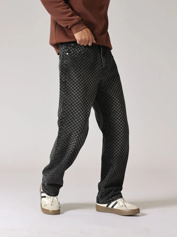 men streetwear fashion hip hop loose casual print black plaid denim pant jeans man vibe straight cowboy baggy jeans trousers unique jeans style 1447