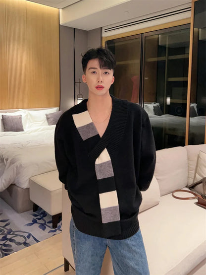 New Men's Scarf Collar Striped V-neck Sweater Female Long Sleeve Autumn Knitted Jumpers Korean Fashion Y2K Patchwork Knitwear Street King Limited