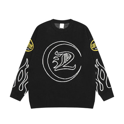 Hip Hop Knitted Sweater Men Letter Fire Pattern O-neck Pullover Streetwear Casual Loose Sweater Unisex Harajuku Jumpers Knitwear Street King Limited