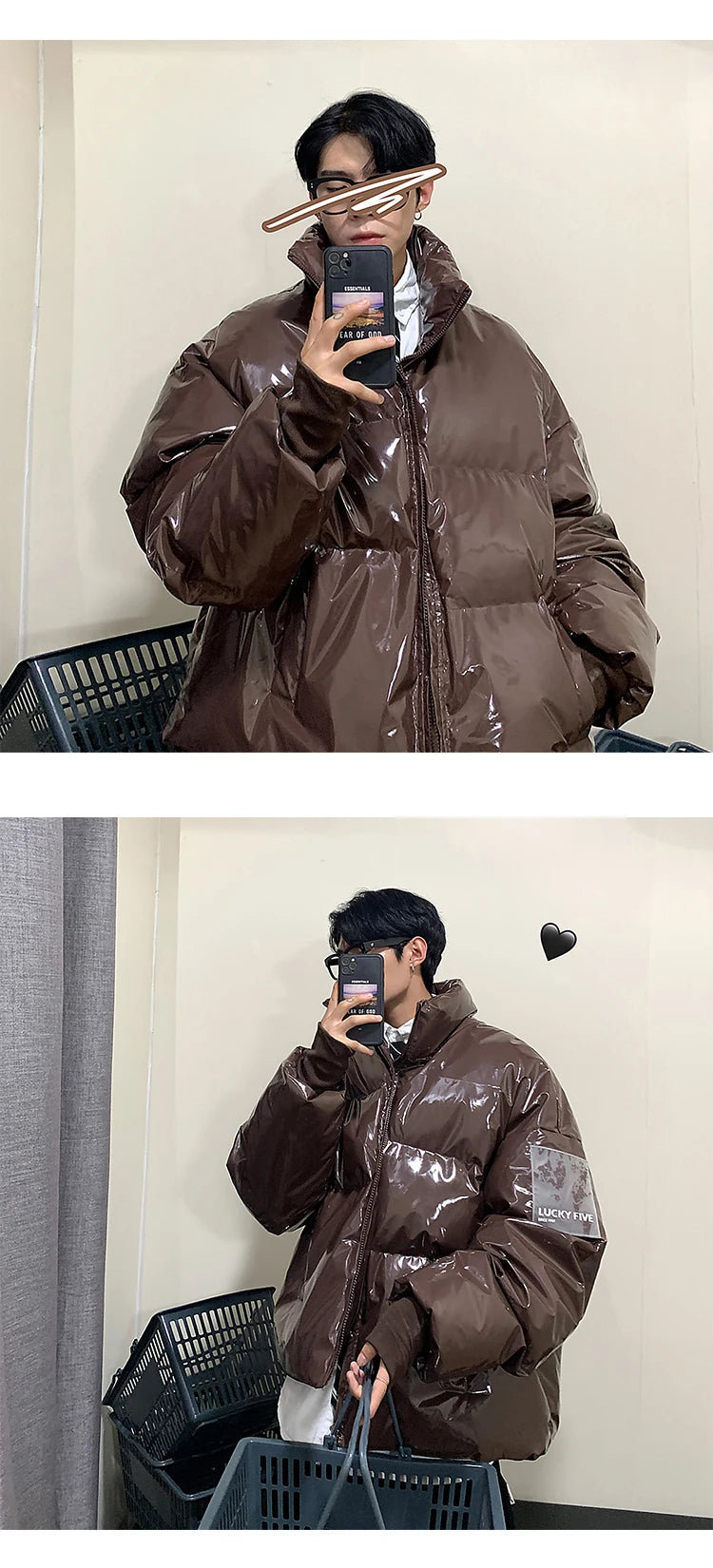 Winter Jacket Men Parkas Thicken Warm Coat Stand Collar Oversize Parkas Bright Leather Fabric Jacket Korean Style Padded Coat Street King Limited
