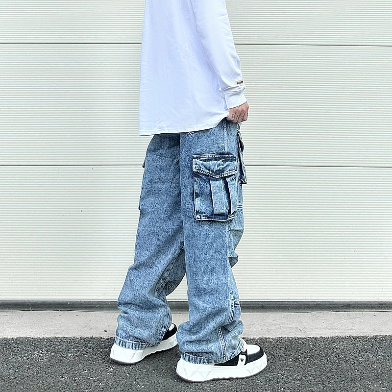 fashion loose streetwear cargo denim jeans unisex casual multi pocket wide legs jean pants hip hop joggers mens baggy jeans unique joggers style 1952