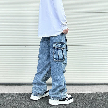 fashion loose streetwear cargo denim jeans unisex casual multi pocket wide legs jean pants hip hop joggers mens baggy jeans unique joggers style 1952