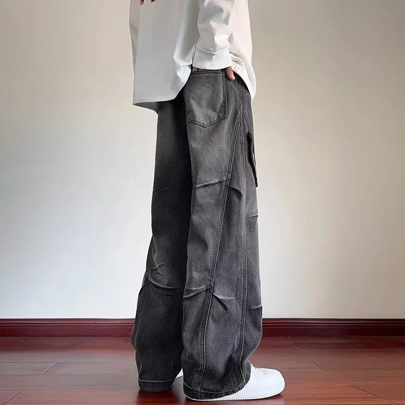 2025 new hip hop multi pockets straight jeans for men high street cargo denim pants spring y2k vintage distressed baggy jean utility cargo pants