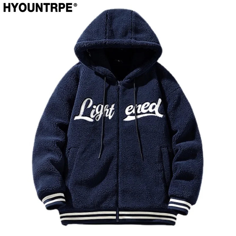 men fleece jackets and coats casual letter embroidery hairy zipper hooded outerwear warm streetwear parkas loose bomber jacket relaxed fit trousers
