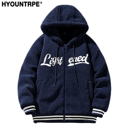 men fleece jackets and coats casual letter embroidery hairy zipper hooded outerwear warm streetwear parkas loose bomber jacket relaxed fit trousers