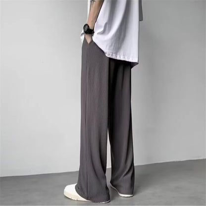 summer texture straight pants for men korean fashion baggy wide leg trousers casual drape pleated striped y2k pantalones hombre urban fashion pants