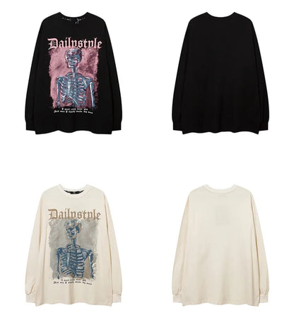 Harajuku Skull Skeleton Printed O-neck T-shirt Men Hip Hop Oversized Tshirt Fashion Unisex Casual Cotton Long Sleeve Tops Tees Street King Limited