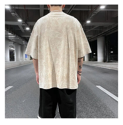 Merican Hip-hop Summer Thin Section Suede Cashew Flower Print Tshirts Tops Men and Women Loose Short-sleeved T-shirts Oversized Street King Limited