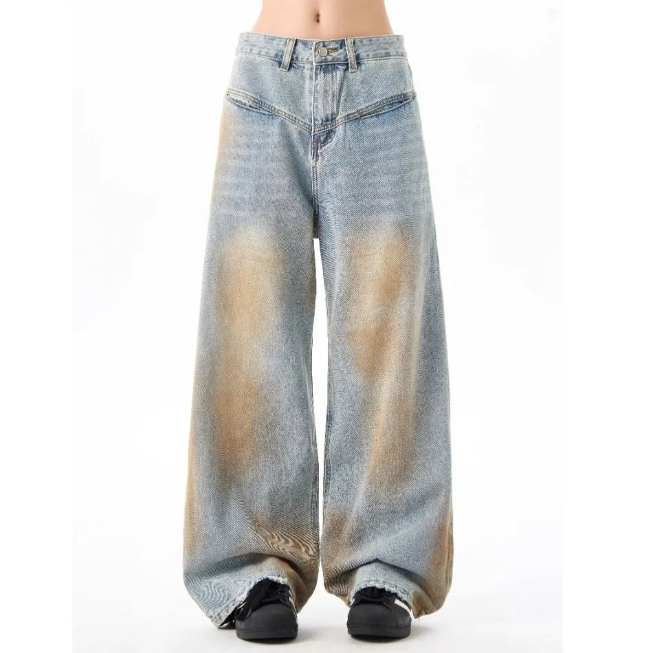 2024 High Street Washed Mens Jeans Gradient Color Blocking Hip Hop Blue Cowboy Pants Loose Straight Leg Denim Trousers Trend Street King Limited