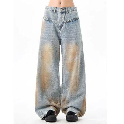 2024 High Street Washed Mens Jeans Gradient Color Blocking Hip Hop Blue Cowboy Pants Loose Straight Leg Denim Trousers Trend Street King Limited