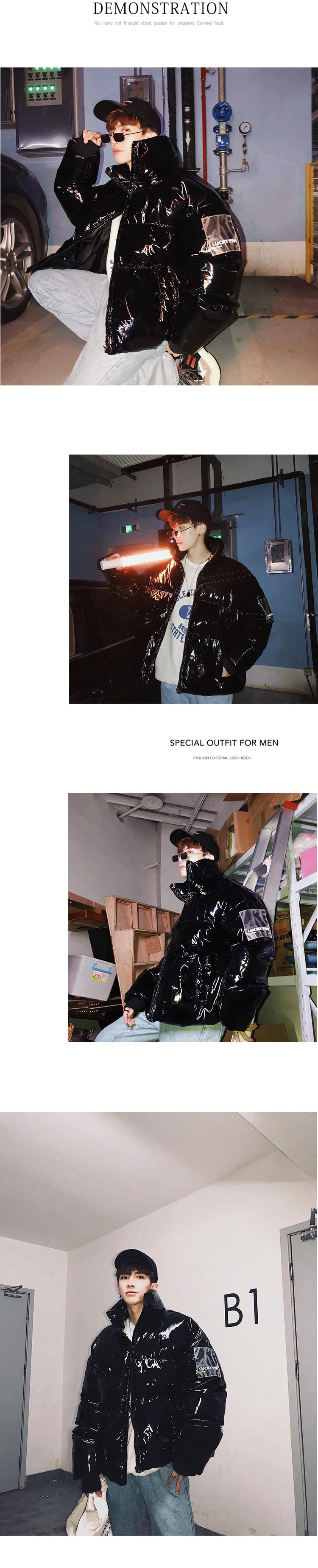 Winter Jacket Men Parkas Thicken Warm Coat Stand Collar Oversize Parkas Bright Leather Fabric Jacket Korean Style Padded Coat Street King Limited
