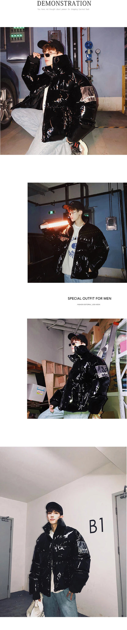 Winter Jacket Men Parkas Thicken Warm Coat Stand Collar Oversize Parkas Bright Leather Fabric Jacket Korean Style Padded Coat Street King Limited
