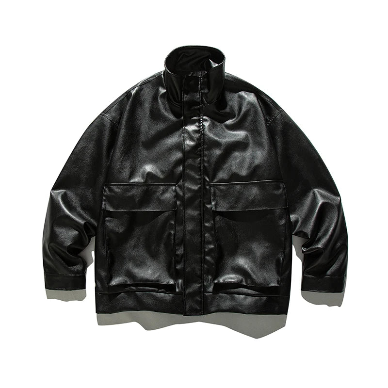 japanese spring pu leather jacket mens high street black profile tooling pilot jacket loose standing collar motorcycle outwear unique default style 2082