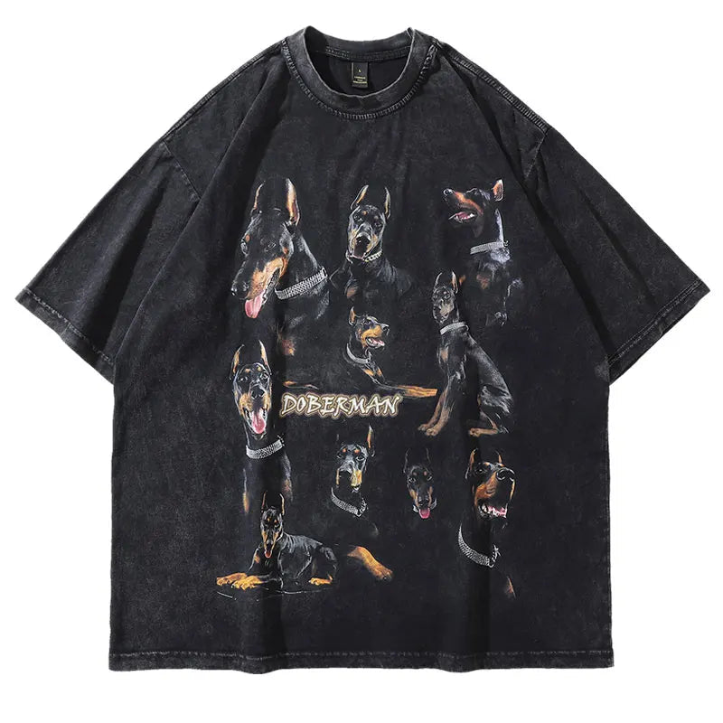 Oversize Distressed T Shirts Hip Hop Vintage Doberman Dog Print Punk Rock Gothic Tshirt Streetwear 2023 Harajuku Casual T-Shirt Street King Limited