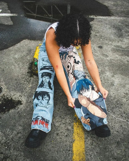 Harajuku fashion mens women’s jeans lightning graphic wide leg jean streetwear y2k denim cuples high waist pants men clothing Street King Limited