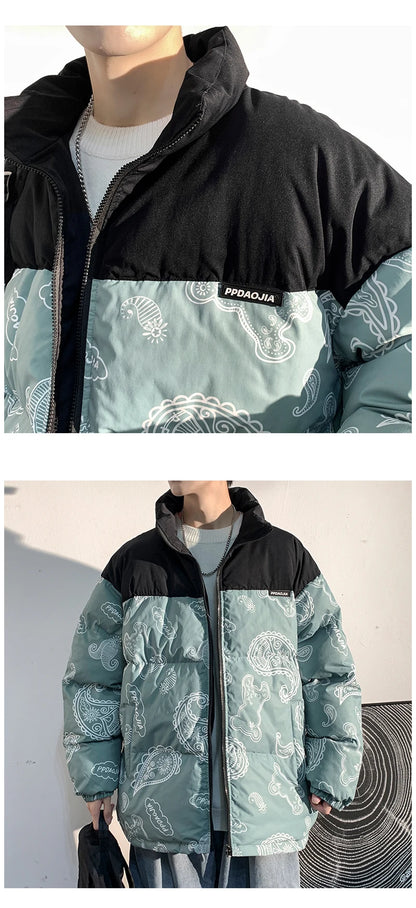 Men Japanese Streetwear Puffer Jackets 2023 Winter Mens Full Print Fashions Bubble Coat Couple Patchwork Thick Parkas Street King Limited