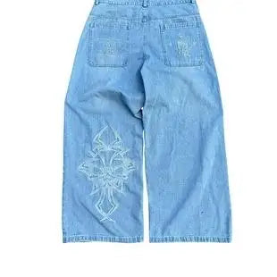 Y2K Retro American Personality Design Fashionable Loose Straight Jeans Men Street Hip-hop Harajuku All-match Floor Mopping Pants Street King Limited