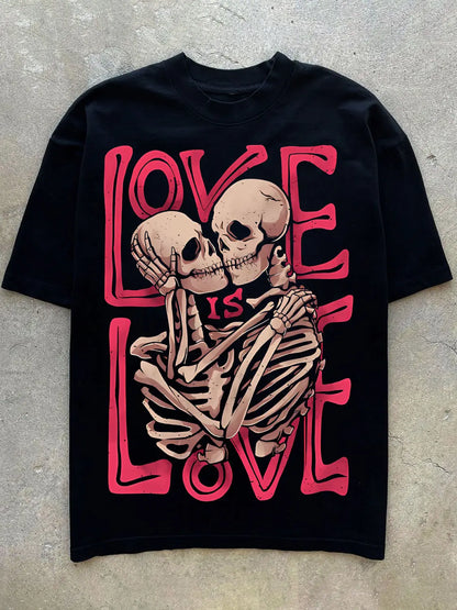 Skeleton Love American Style Hip Hop Printed Cotton High Street Handsome T-Shirt Street Retro Dark men clothing y2k men clothing Street King Limited