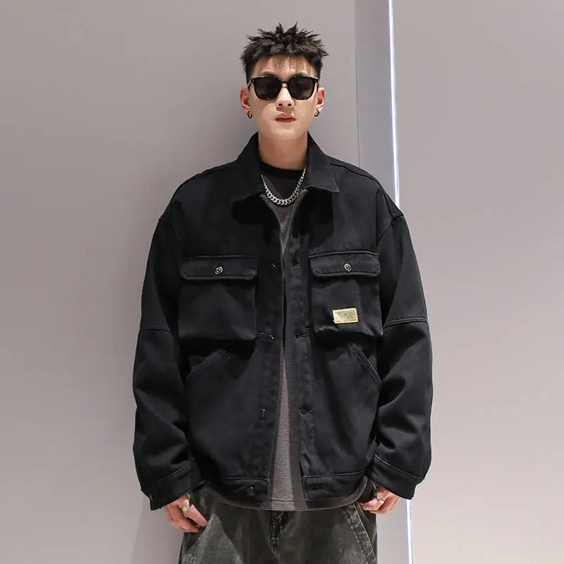 american retro workwear jacket for boys loose spring and autumn high street japanese style khaki casual trendy denim jacket tops unique jeans style 4868