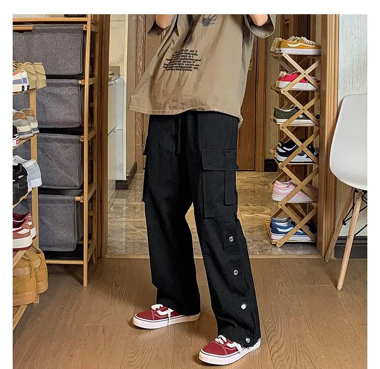Fashionable Korean style gothic buttoned overalls pants men summer Harajuku street y2k hip hop casual retro sports pants Street King Limited
