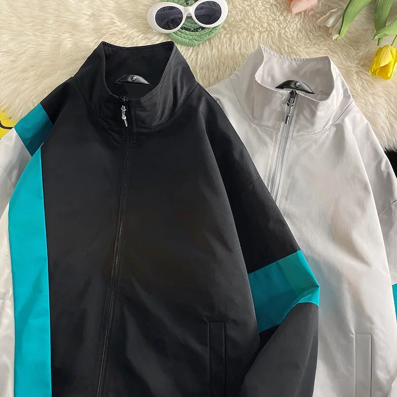2024 spring mens standing collar jacket patchwork loose windbreaker zipper sports outdoor jackets unisex punching jacket minimalist street pants