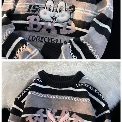 Sweet cool bunny striped knitted sweater for women in autumn and winter loose outer wear lazy style soft and waxy milk kawaii Street King Limited