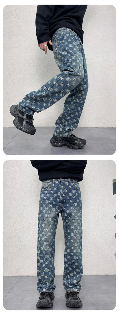 men jacquard streetwear hip hop vibe casual straight denim jeans pants boyfriend high street ripped jeans trousers unique jeans style 3010