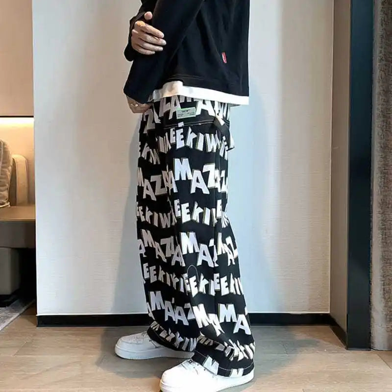 Letter wide-leg pants for men and women in autumn and winter plus velvet high-waisted loose long and short straight pants tops Street King Limited