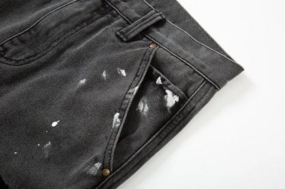 Harajuku Black Graffiti Flared Jeans Pants Patches Hip Hop Splashed Ink Wide Jeans Trousers Blue Slim Fit Washed Jeans for Men Street King Limited