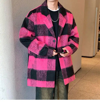 plaid woolen trenchcoat men autumn winter fashion retro streetwear suit collar loose casual trendy trench coat outerwear unique default style 1200