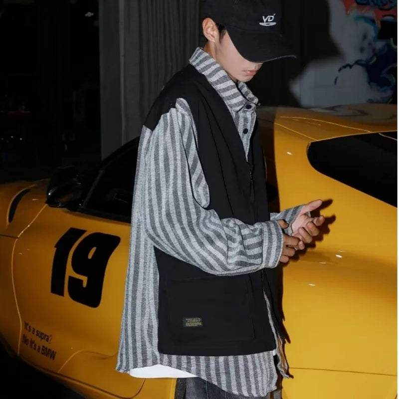 striped mens shirt jacket 2024 spring japanese street color blocked fake two coats vest tooling trend zipper long sleeved tops unique default style 2394