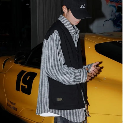 striped mens shirt jacket 2024 spring japanese street color blocked fake two coats vest tooling trend zipper long sleeved tops unique default style 2394