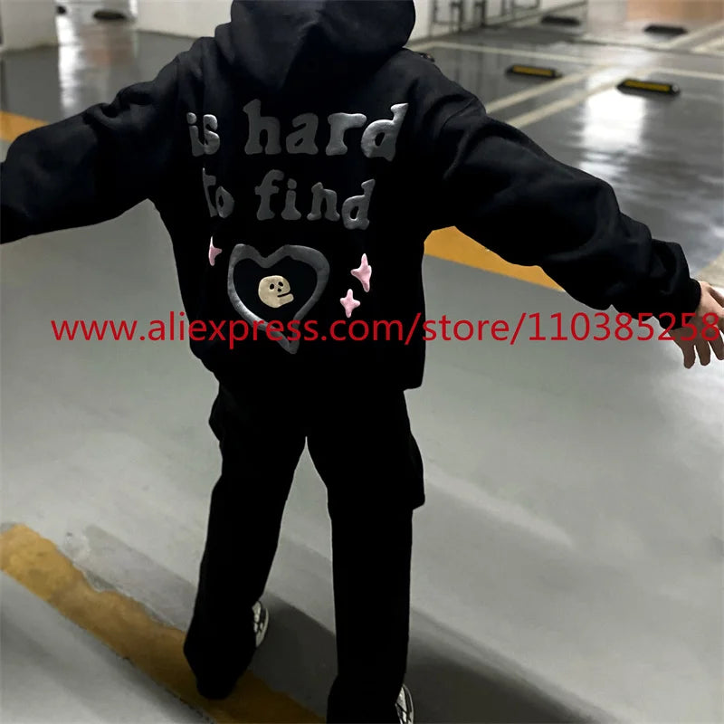 Autumn and Winter American Heavyweight Vintage Long Sleeved Fleece Hooded Sweatshirt Oversize 3D Letter Love Little Ghost Print Street King Limited