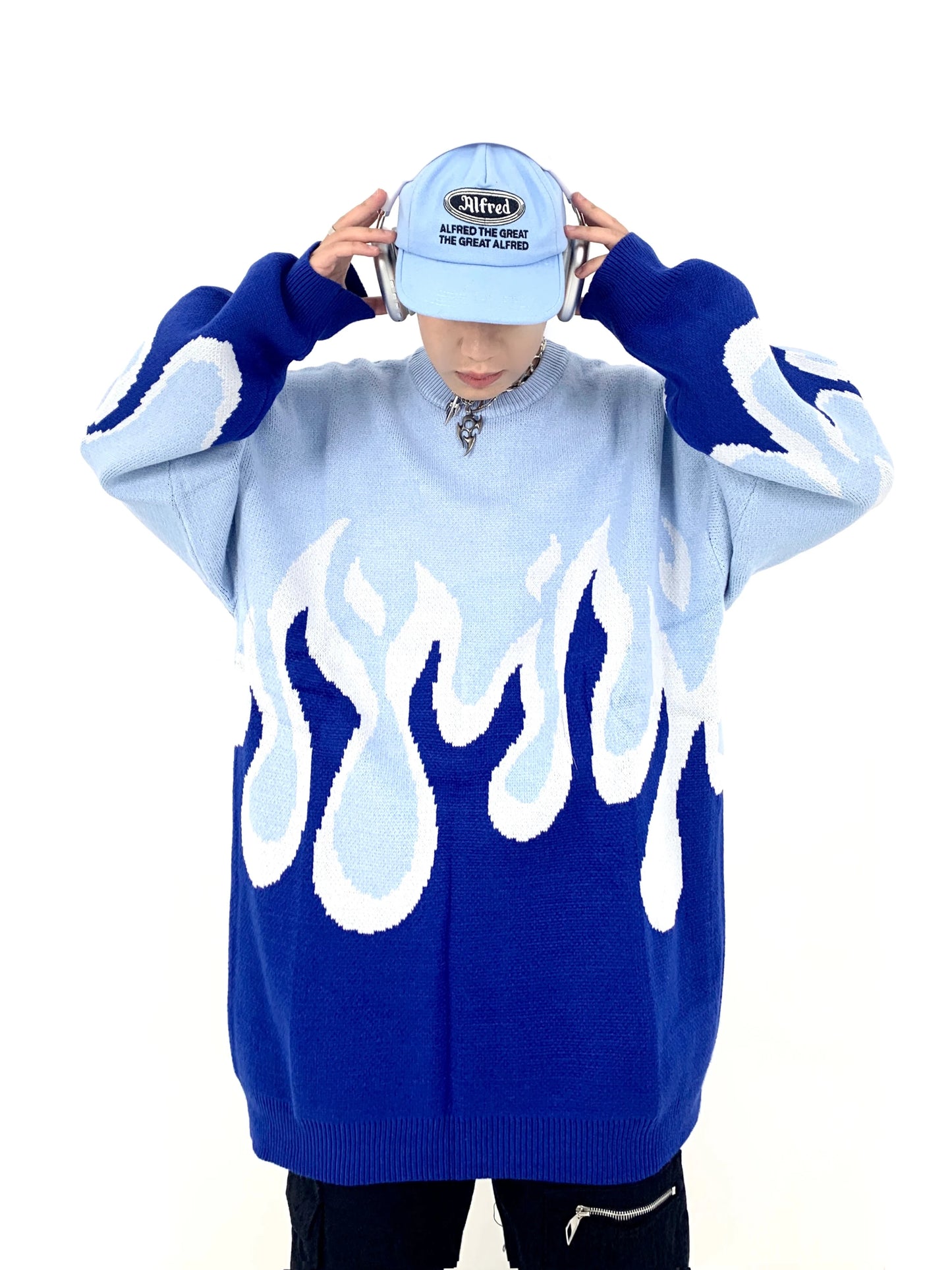 Hip Hop Fire Knitted Oversized Sweater Men Autumn Winter O-neck Long Sleeve Pullover Streetwear New Loose Tops Sweaters Clothing Street King Limited