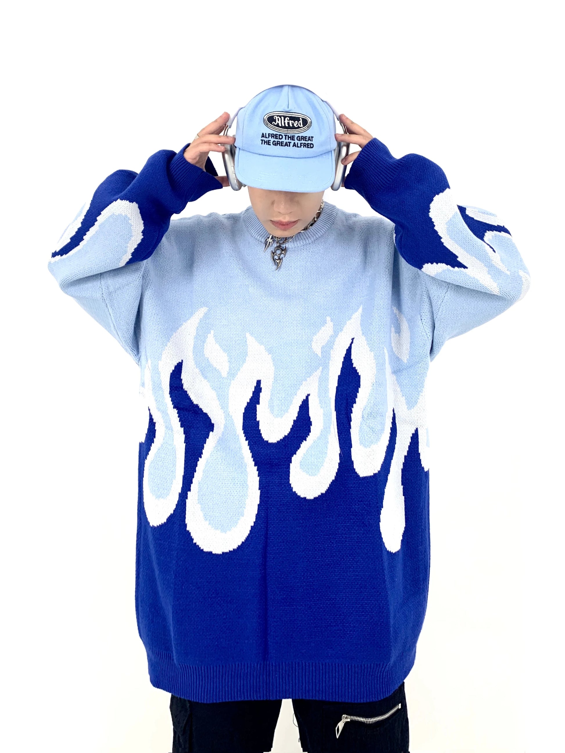 Hip Hop Fire Knitted Oversized Sweater Men Autumn Winter O-neck Long Sleeve Pullover Streetwear New Loose Tops Sweaters Clothing Street King Limited