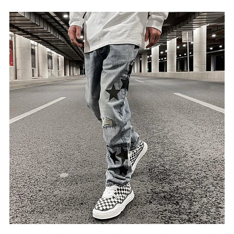 fashion ripped destroied jeans trousers distressed biker jeans with stars high street slim pants joggers denim jeans for men unique joggers style 2244