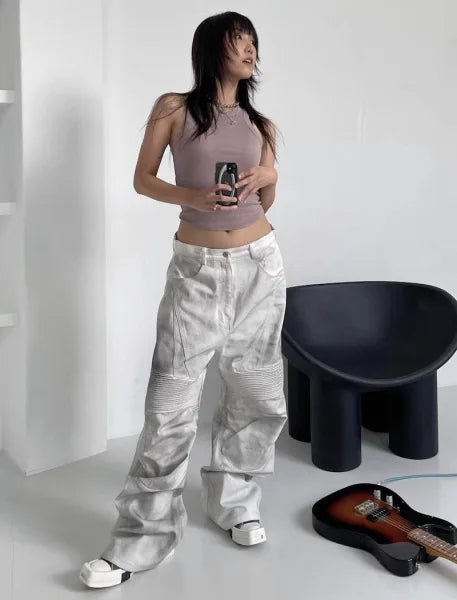 pleat patchwork dir wash racing pants mngu washed distressed white straight overalls dirfit loose trousers unique default style 1335