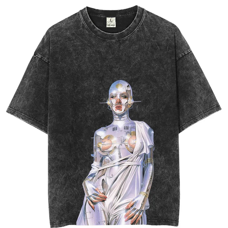 Vintage Men Tshirt Streetwear Hip Hop Portrait Robot Dinosaur Print Distressed T-Shirt 2023 Harajuku Summer Cotton Washed Tshirt Street King Limited