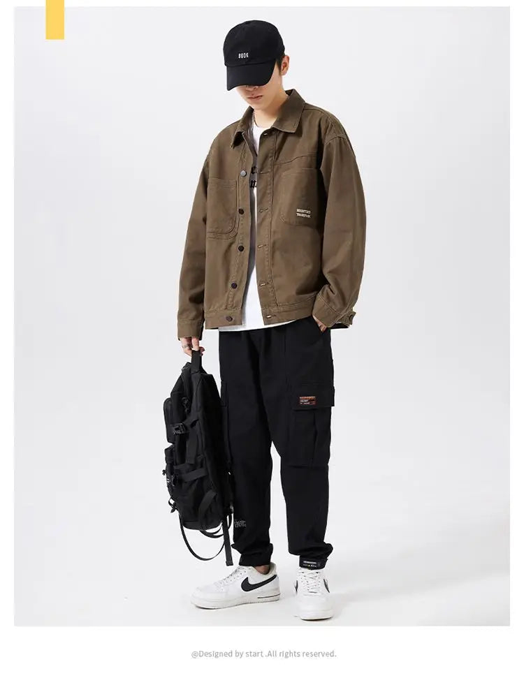 american retro workwear jacket for boys loose spring and autumn high street japanese style khaki casual trendy denim jacket tops unique jeans style 4897