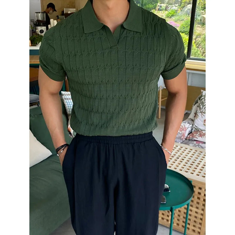 Summer New Knitted Polo Shirt Men's Short Sleeve Casual Half Sleeve Lapel Green T-Shirt Slim Top Street King Limited