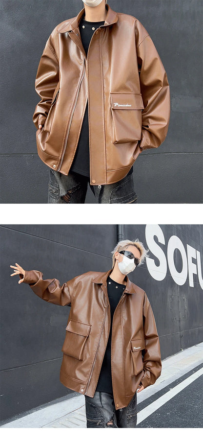 spring autumn vintage cool soft pu leather moto jacket men luxury designer clothes motorcycle trendy jacket with pockets unique default style 5959