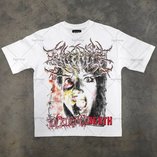 Trendy Brand Rock Punk Streetwear Y2K Harajuku Gothic Retro Pattern Printed Oversized T-shirt Men American Hip-hop Casual Tops Street King Limited