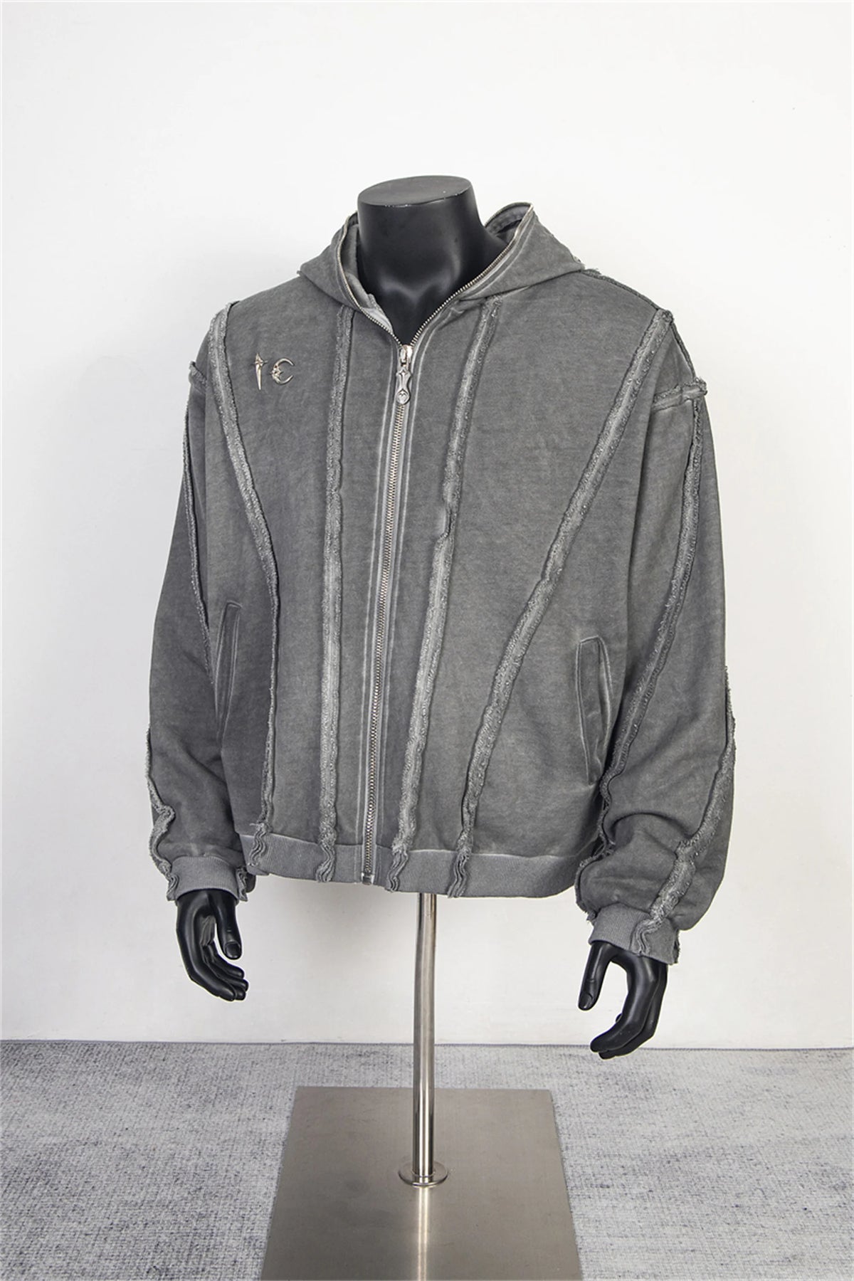 new thug club brand fashion high street vibe style cotton oversized splicing zipper washed distressed grey jacket hoodies relaxed fit trousers