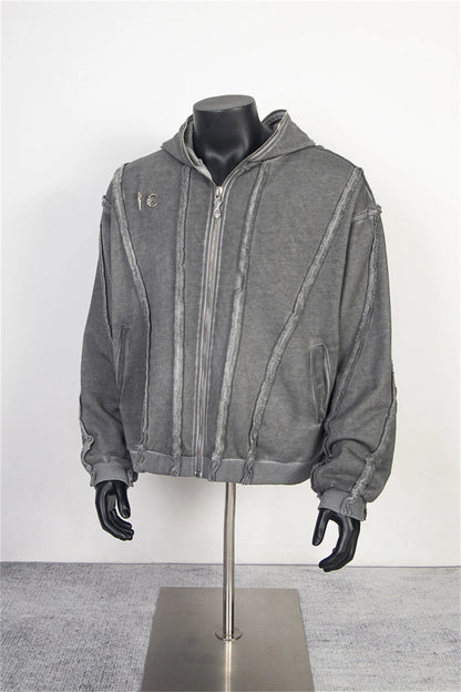 new thug club brand fashion high street vibe style cotton oversized splicing zipper washed distressed grey jacket hoodies relaxed fit trousers