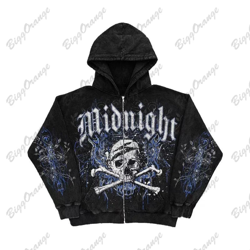 Retro Fashion Gothic Skull Bone Print Oversized Hoodie women Y2K Street Hip Hop Versatile Slim Casual Sweater Clothes Street King Limited