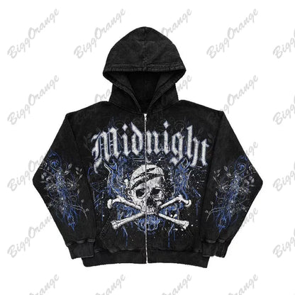 Retro Fashion Gothic Skull Bone Print Oversized Hoodie women Y2K Street Hip Hop Versatile Slim Casual Sweater Clothes Street King Limited